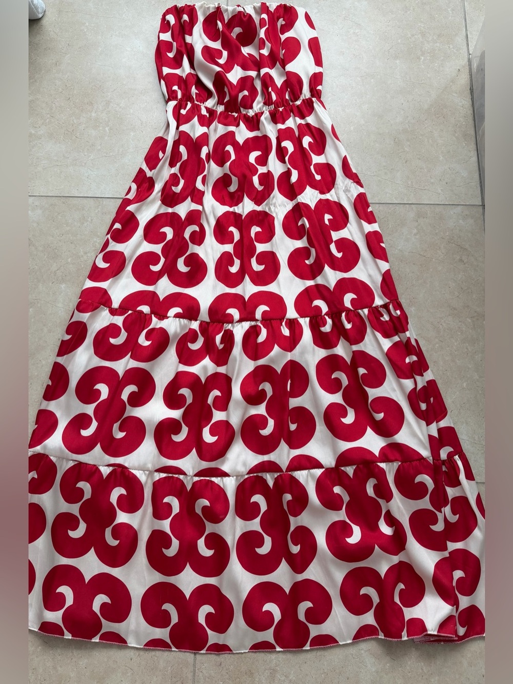 Women’s Strapless Red & White Patterned Maxi Dress